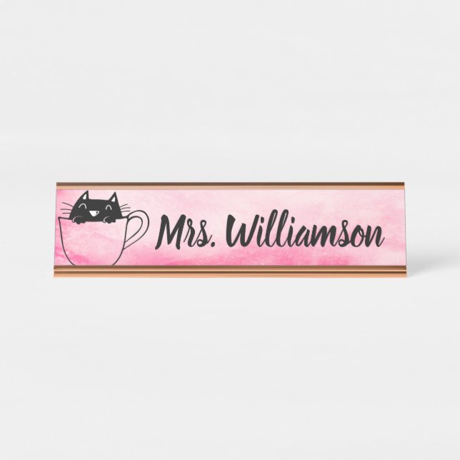 Teacher Educator Pink Black Cat Kitten Desk Name Desk Name Plate (Front)
