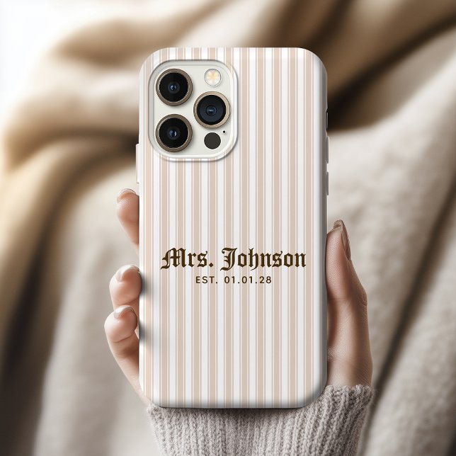 Teacher | Elegant Beige Stripe Bridal Wedding Gift iPhone Case (bride phone case, newlywed gift, wedding shower gift, anniversary gift for her, engagement gift,)