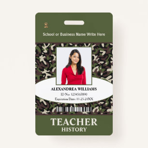 Teacher Employee Photo Name Camo Pattern ID Custom ID Badge