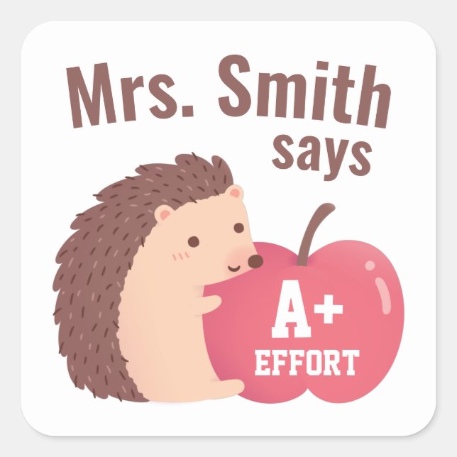 Teacher Encouragement, Hedgehog and Apple Sticker (Front)