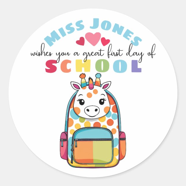 teacher first day of term class welcome giraffe classic round sticker (Front)