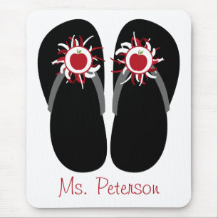 Teacher Flip Flops With Red Apples & Pom Poms Mouse Mat