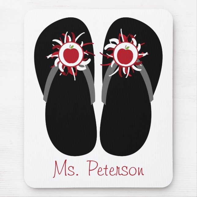 Teacher Flip Flops With Red Apples & Pom Poms Mouse Mat (Front)