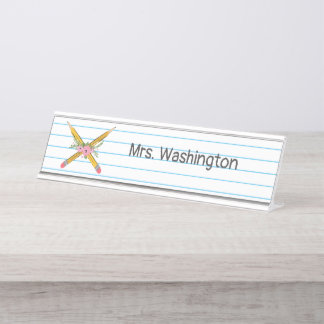 Teacher Floral Yellow Pencils Notebook Stripes Desk Name Plate