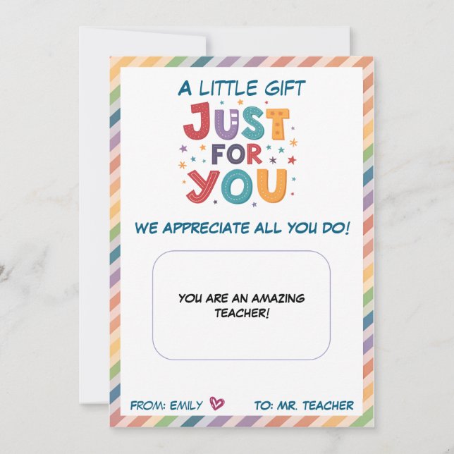 Teacher Gift Card Holder Just For You Appreciation (Front)
