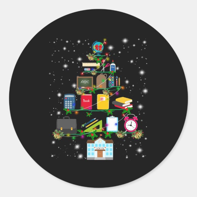 Teacher Gift | Christmas tree with school related Classic Round Sticker (Front)