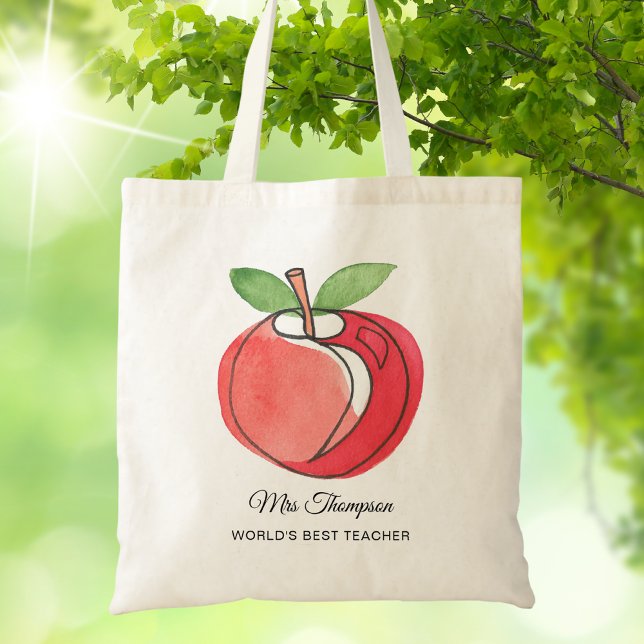 Teacher Gift Custom Name Watercolor Apple Tote Bag (Creator Uploaded)
