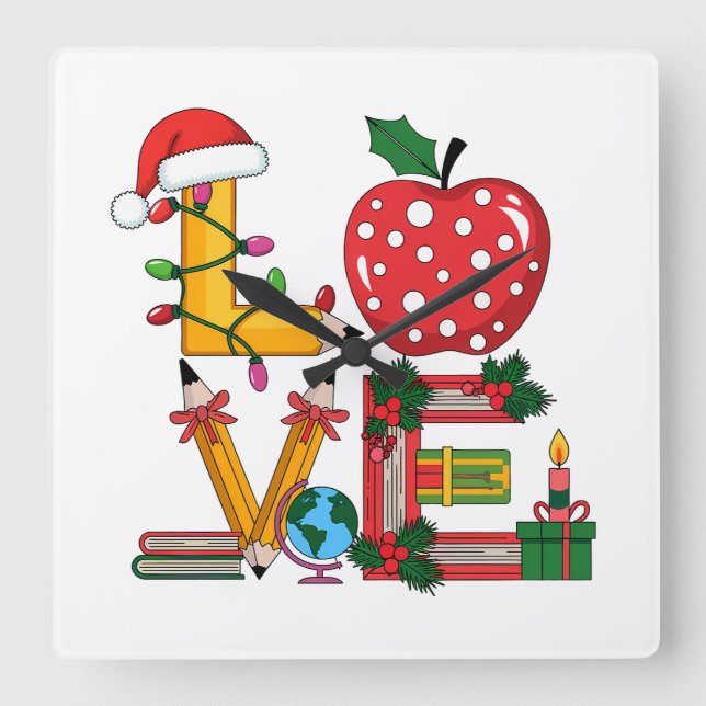 Teacher Gift | Love Pencil Apple Books Square Wall Clock (Front)