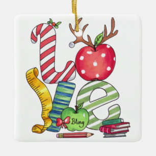 Teacher Gift Love Pencil Apple Ceramic Ornament