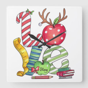 Teacher Gift   Love Pencil Apple Square Wall Clock