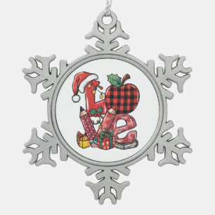 Teacher Gift Merry Christmas Love Snowflake Pewter Christmas Ornament