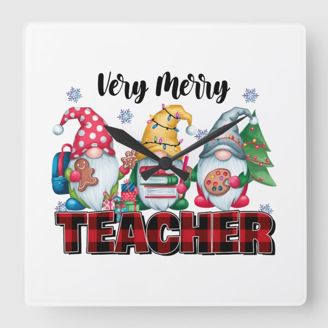 Teacher Gift | Very Merry Teacher Square Wall Clock (Front)