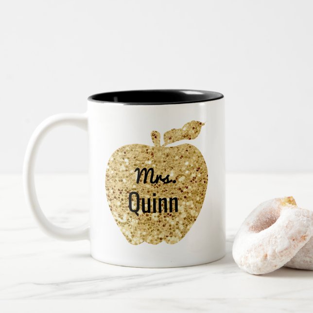 Teacher Glam Faux Sequin Gold Apple Personalised Two-Tone Coffee Mug (With Donut)