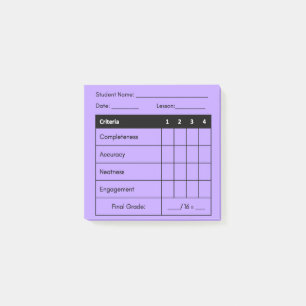 Teacher Grading Rubric for Classwork in Purple  Post-it Notes