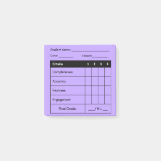 Teacher Grading Rubric for Classwork in Purple  Post-it Notes