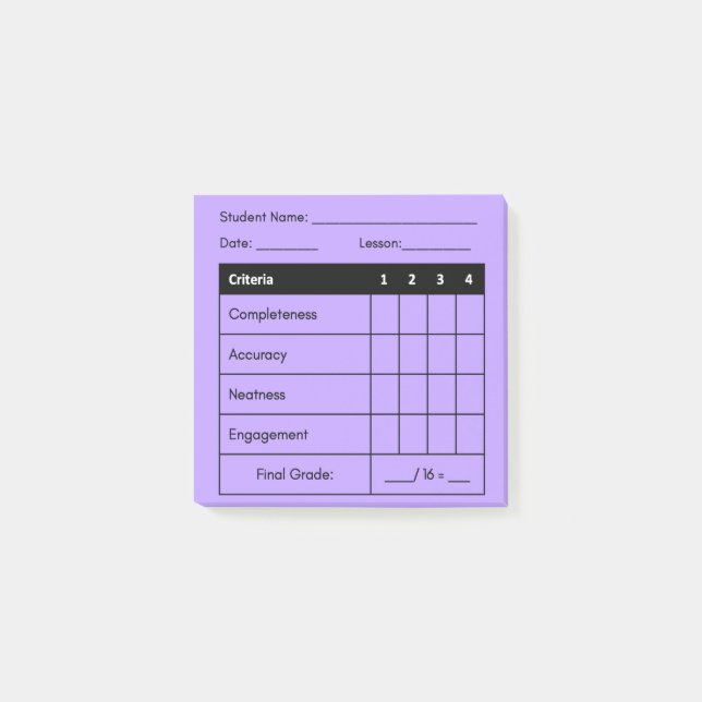 Teacher Grading Rubric for Classwork in Purple  Post-it Notes (Front)