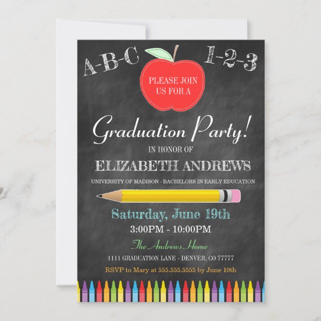 Teacher Graduation Invitation - Chalkboard - Apple (Front)