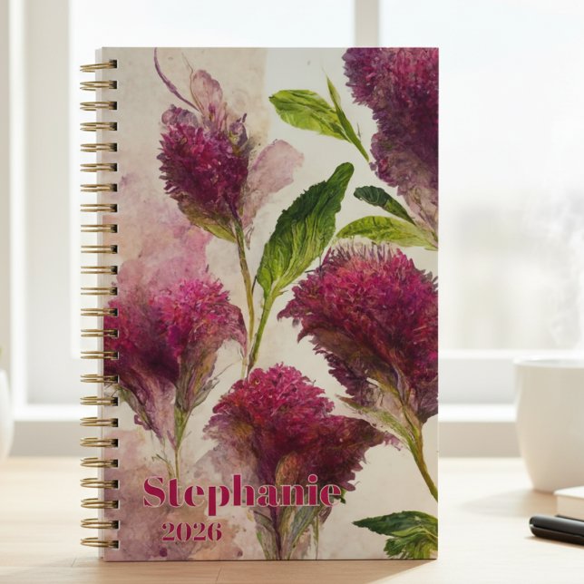 Teacher Graduation Wildflower Botanical Gift Planner (Artistic magenta celosia wildflower notebook — a perfect 2026 graduation gift for her or teacher.)