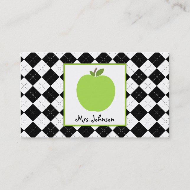 Teacher Green Apple Black Argyle Business Card (Front)