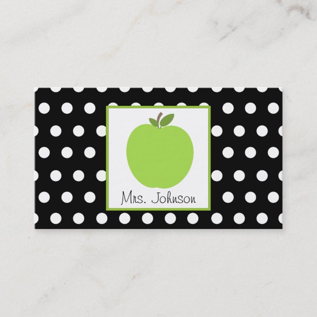 Teacher Green Apple Black With White Polka Dots Business Card (Front)