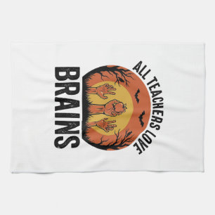 Teacher Halloween Brains Vintage Vector Design_1 Tea Towel