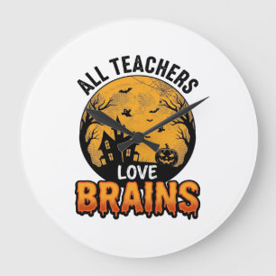 Teacher Halloween Love Brains Vintage Design_1 Large Clock