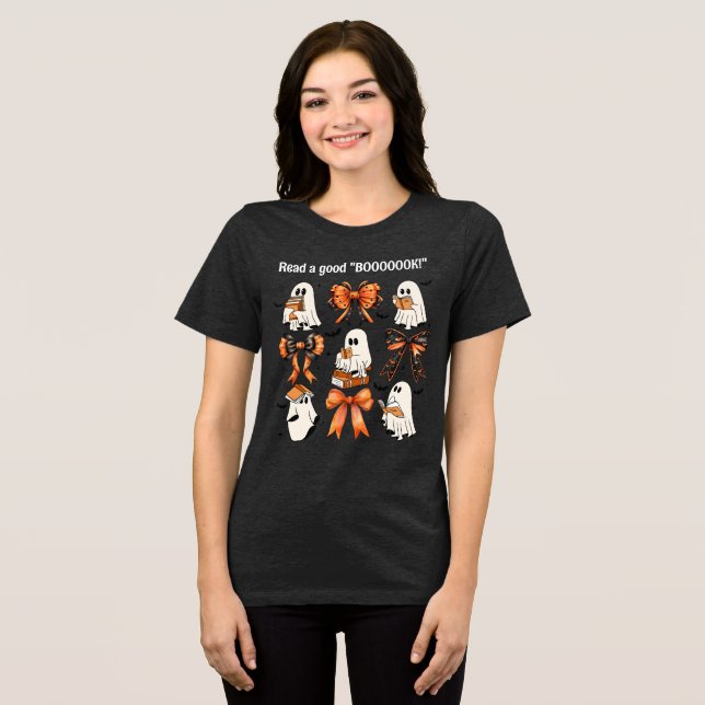 Teacher Halloween "Read a good BOOOOK" Ghost Bow Tri-Blend Shirt (Front Full)