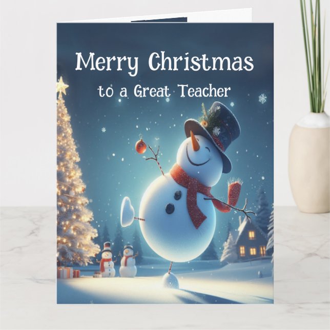 Teacher Happy Snowman Hot Chocolate Christmas Card (Front)