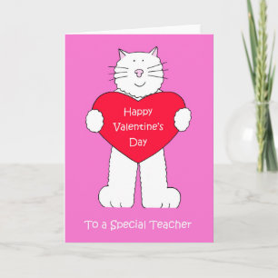 Teacher Happy Valentine's Day White Cat Holiday Card