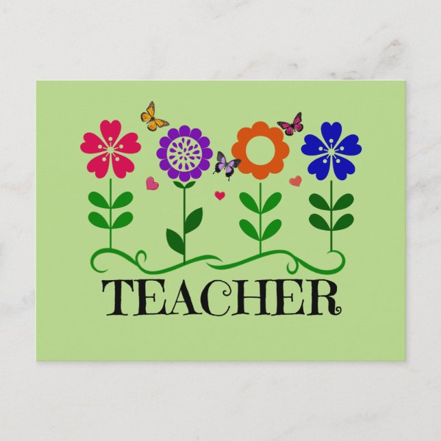Teacher, Hearts and Flowers and Pretty Butterflies Postcard (Front)