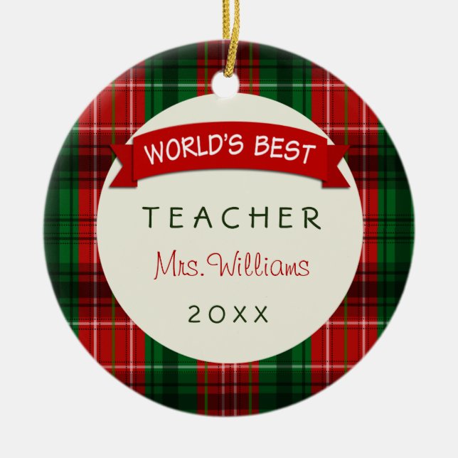 Teacher Holiday Plaid Gift Ornaments (Front)