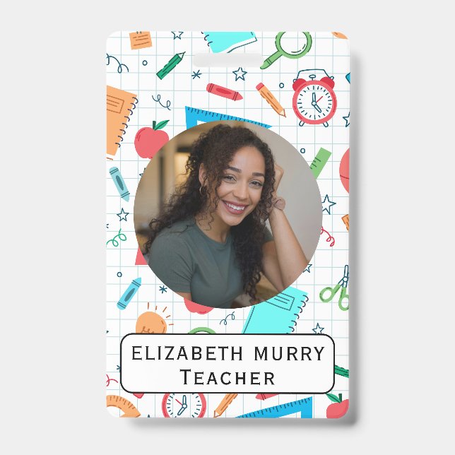 Teacher ID Badge with School Supplies Background (Front)
