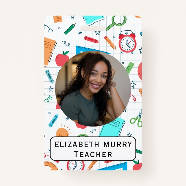 Teacher ID Badge with School Supplies Background (Front)