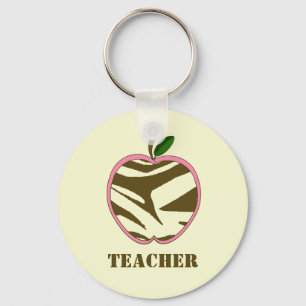 Teacher Keychain - Brown Zebra Print Apple