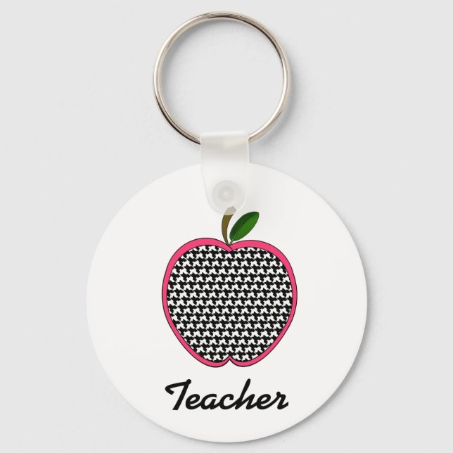 Teacher Keychain- Houndstooth Apple With Pink Trim Key Ring (Front)