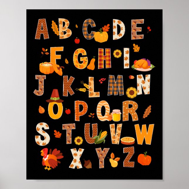 Teacher Kids Alphabet Turkey Pumpkin Autumn Thanks Poster (Front)