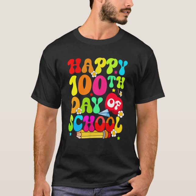 Teacher Kids Retro 100 Days Happy 100th Day Of Sch T-Shirt (Front)