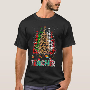 Teacher Leopard Red White Green Plaid Christmas Tr T-Shirt