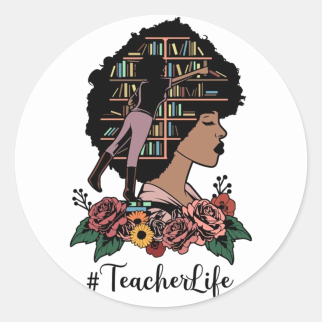 Teacher Life Black Woman Afro Girl Classic Round Sticker (Front)