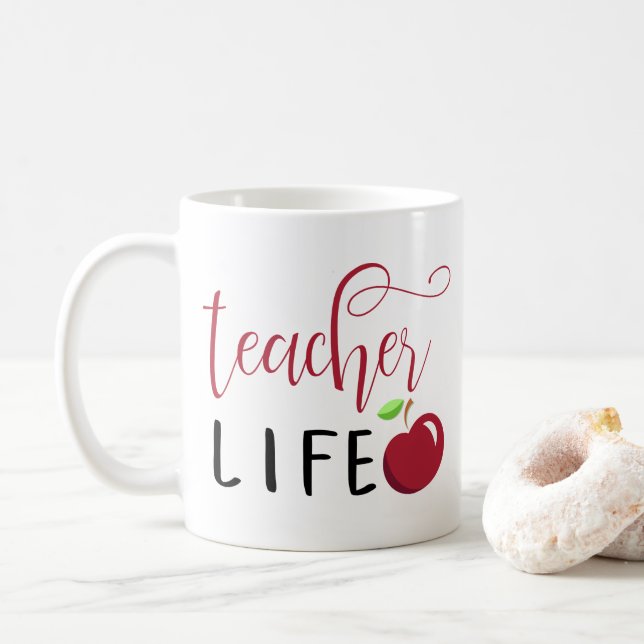 teacher life red apple typography teachers coffee mug (With Donut)