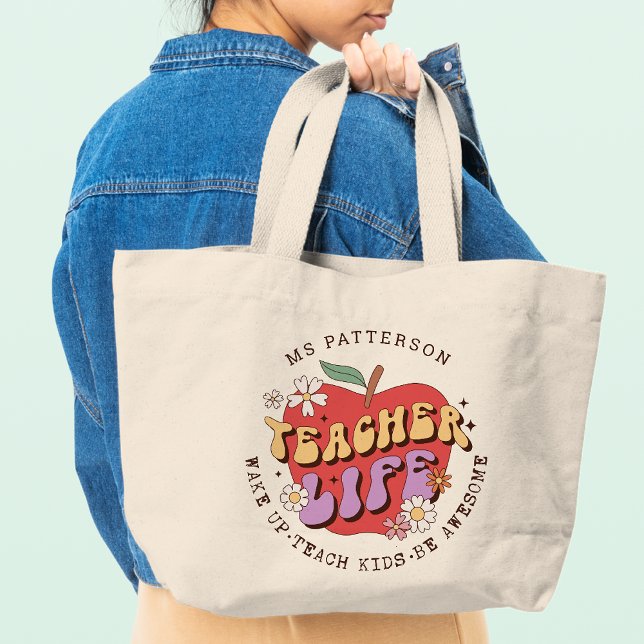 Teacher Life Wake Teach School Personalised Name Large Tote Bag (Creator Uploaded)