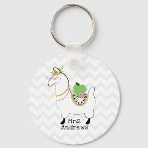 Teacher Llama Green Apple Floral Key Ring