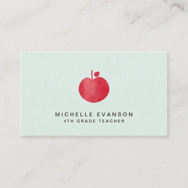 Teacher Mint Green Simple Red Apple Elegant Business Card (Front)