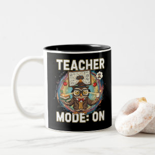 Teacher Mode: ON – Funny Owl Teacher Design Two-Tone Coffee Mug