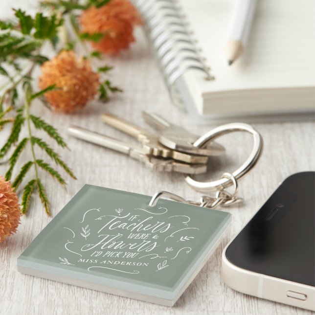 Teacher modern elegant script sage green key ring (Front Right)