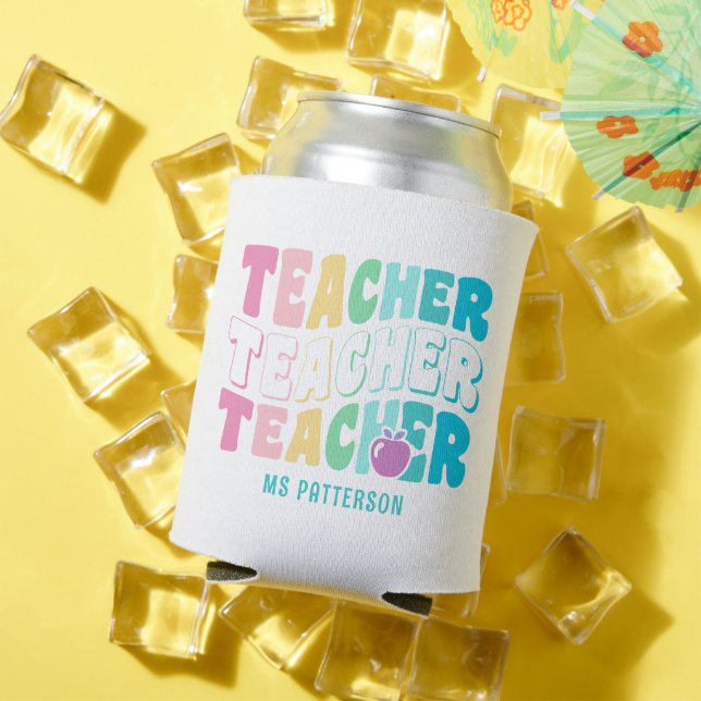 Teacher Modern Rainbow Colours Personalised Name Can Cooler (In Situ Summer)