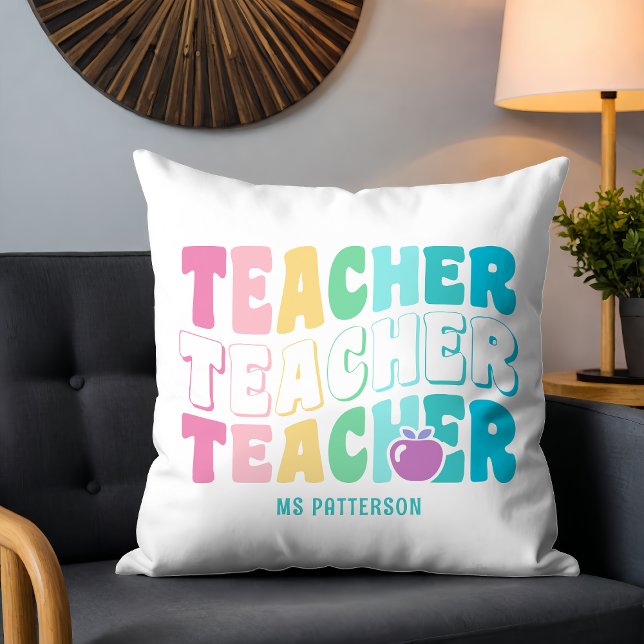 Teacher Modern Rainbow Colours Personalised Name Cushion (Creator Uploaded)