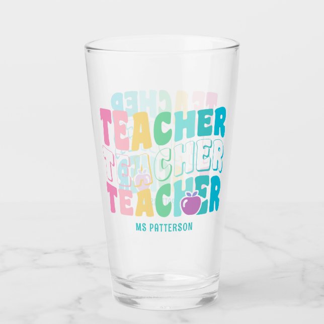 Teacher Modern Rainbow Colours Personalised Name Glass (Front)