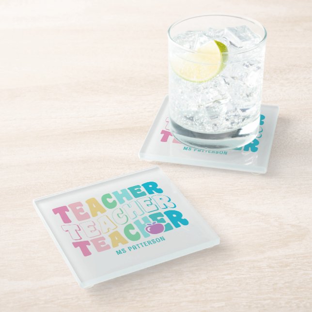 Teacher Modern Rainbow Colours Personalised Name Glass Coaster (Angled)