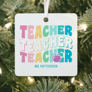 Teacher Modern Rainbow Colours Personalised Name Metal Tree Decoration